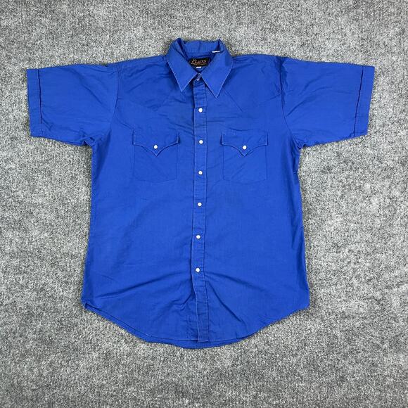 Plains Western Wear Shirt Mens Medium Blue Solid Pearl Snap Short Sleeve - Picture 2 of 7